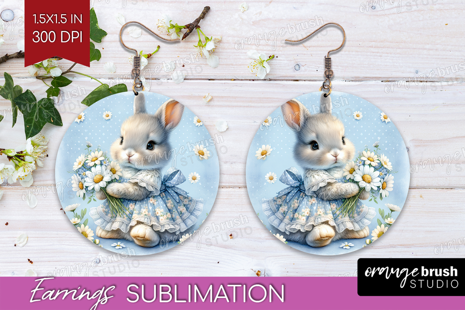Vintage Bunny Round Earrings - Cute Bunny PNG Sublimation product image 1
