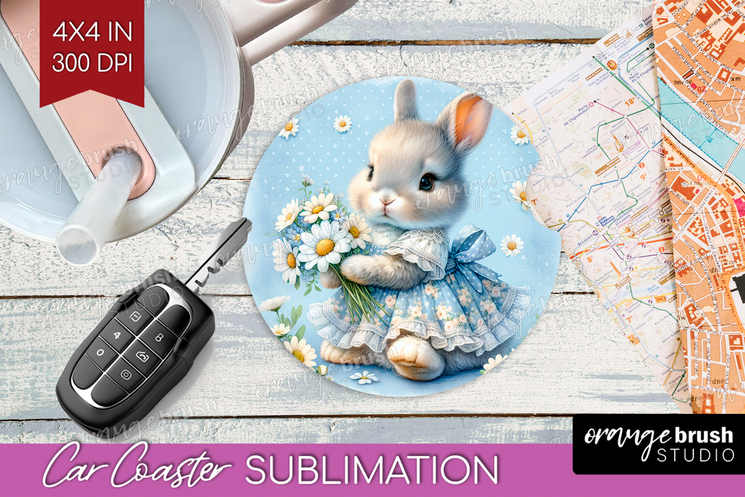 Vintage Bunny Car Coaster - Cute Bunny Coaster PNG product image 1