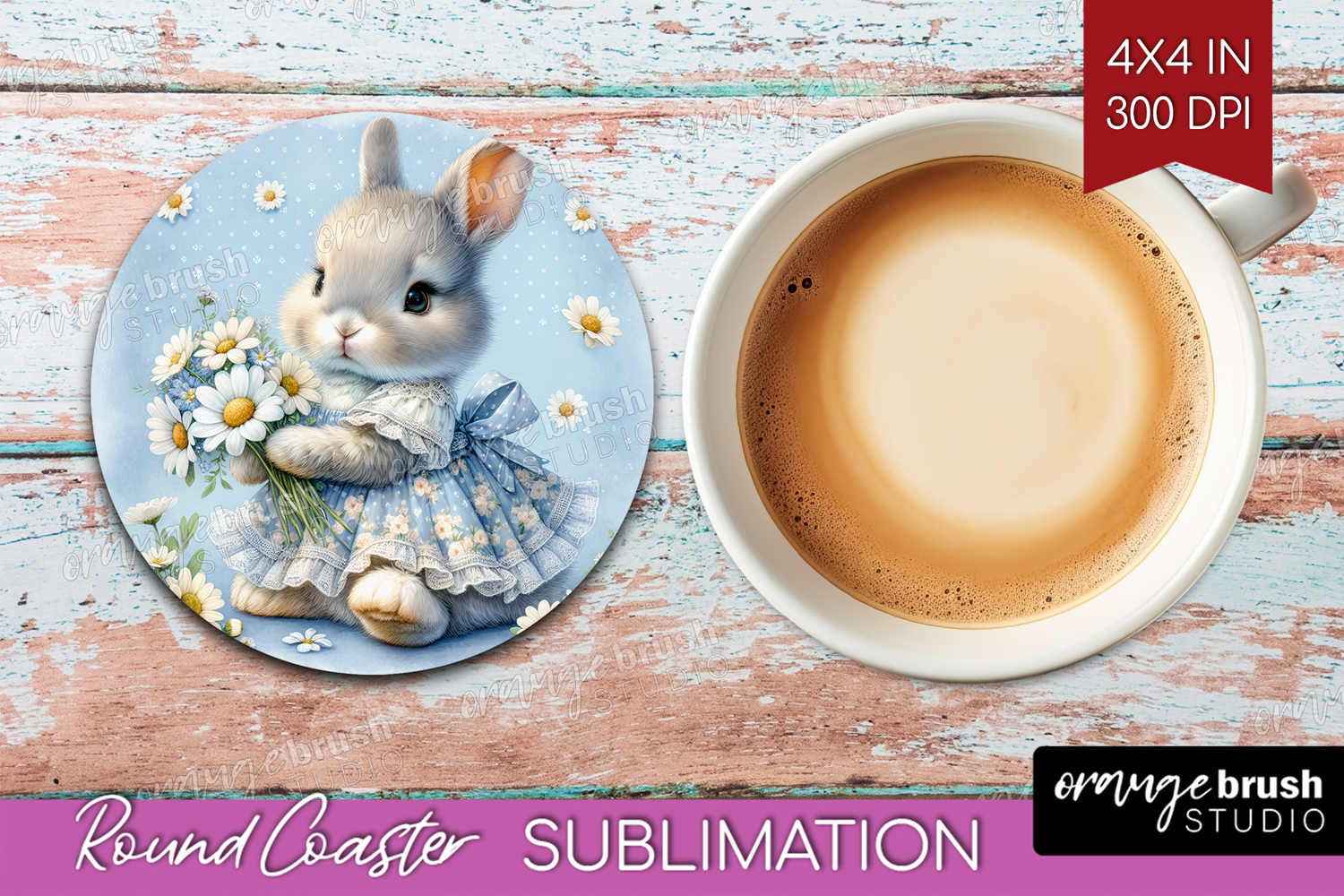 Vintage Bunny Round Coaster - Cute Bunny Coaster PNG product image 1
