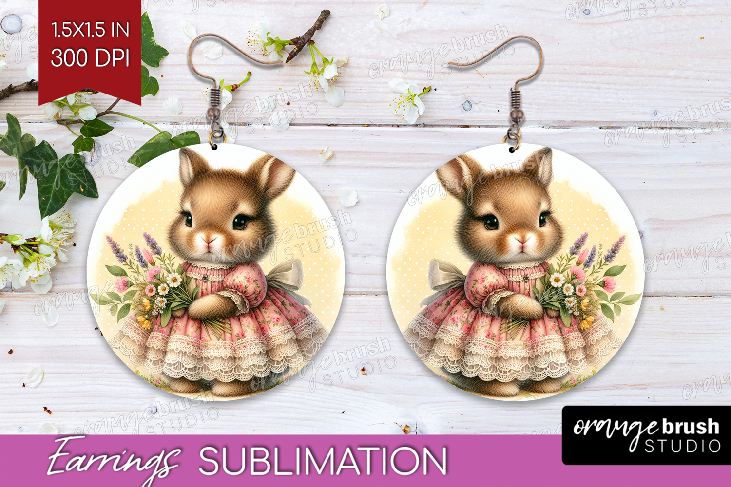 Vintage Bunny Round Earrings - Cute Bunny PNG Sublimation product image 1