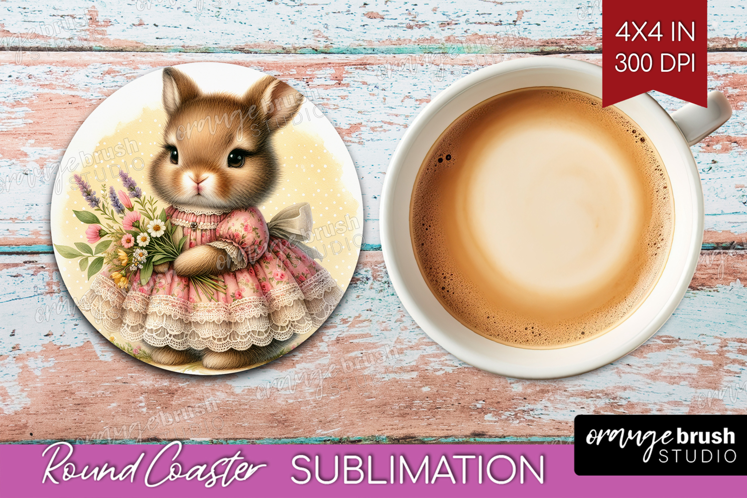 Vintage Bunny Round Coaster - Cute Bunny Coaster PNG product image 1