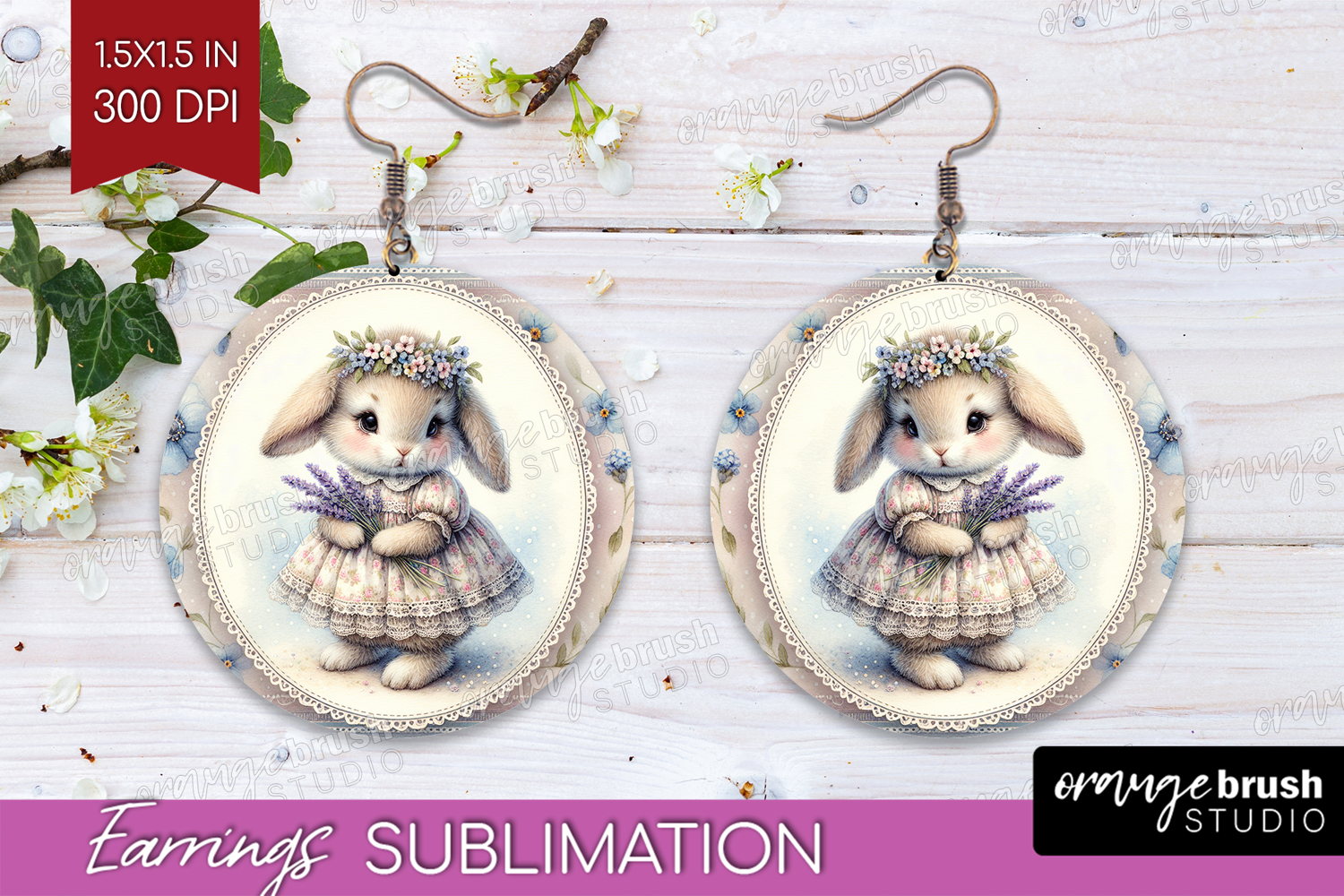 Vintage Bunny Round Earrings - Cute Bunny PNG Sublimation product image 1