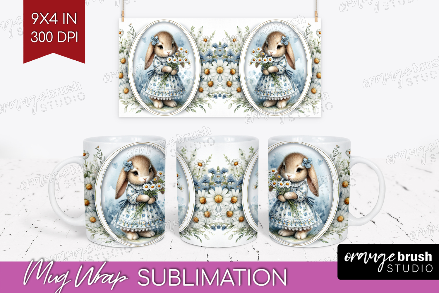 Vintage Bunny Mug Wrap - Cute Bunny Mug PNG Sublimation product image 1