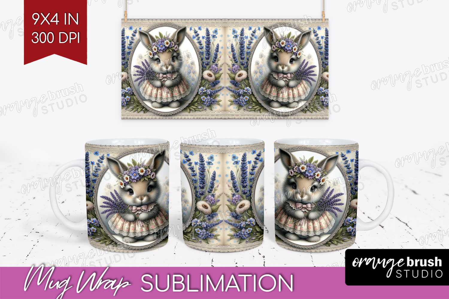 Vintage Bunny Mug Wrap - Cute Bunny Mug PNG Sublimation product image 1