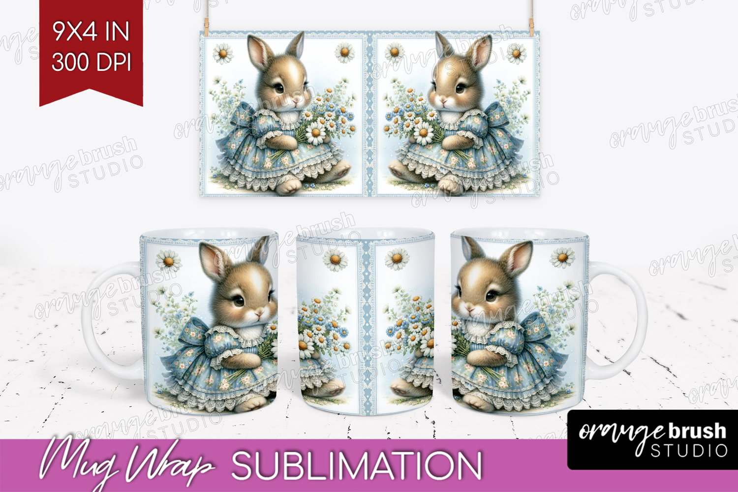 Vintage Bunny Mug Wrap - Cute Bunny Mug PNG Sublimation product image 1