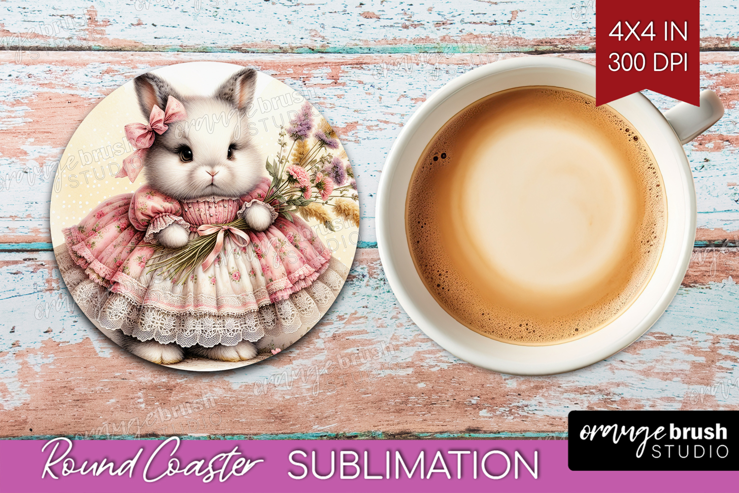 Vintage Bunny Round Coaster - Cute Bunny Coaster PNG product image 1