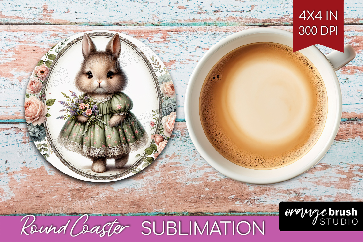 Vintage Bunny Round Coaster - Cute Bunny Coaster PNG product image 1
