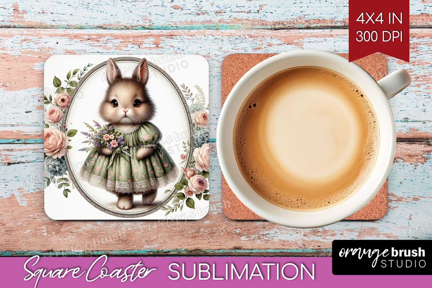 Vintage Bunny Square Coaster - Cute Bunny Coaster PNG product image 1