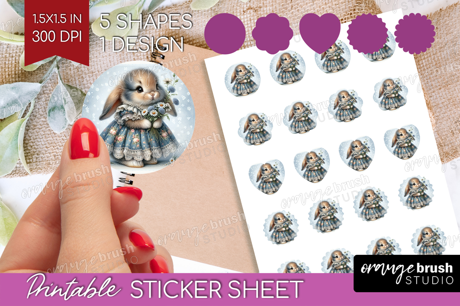 Vintage Bunny Round Sticker - Cute Bunny Printable Sticker product image 1