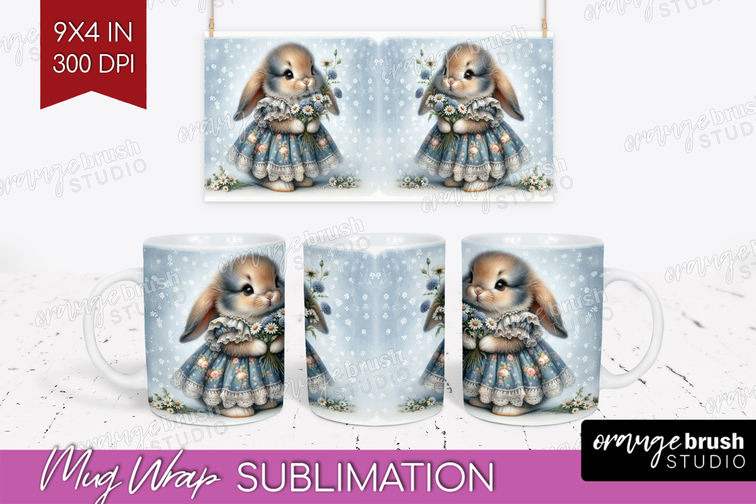 Vintage Bunny Mug Wrap - Cute Bunny Mug PNG Sublimation product image 1
