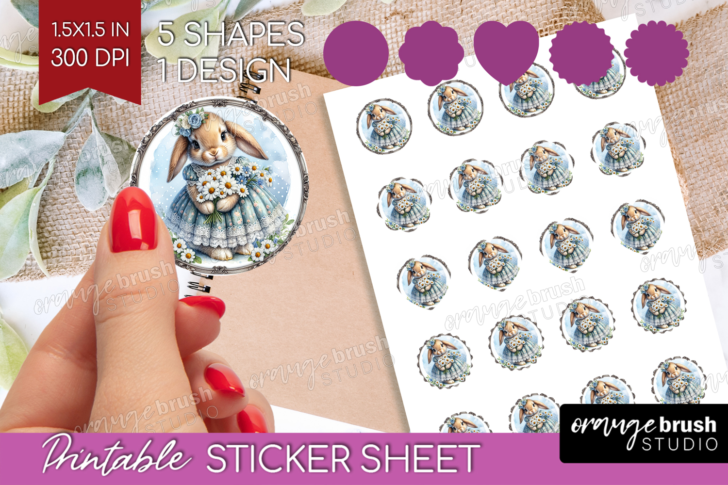 Vintage Bunny Round Sticker - Cute Bunny Printable Sticker product image 1