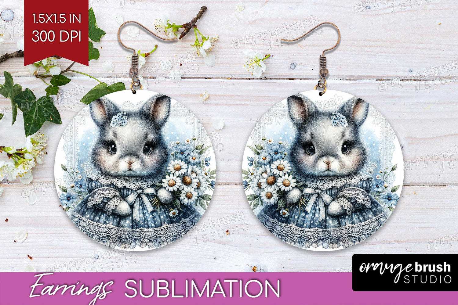 Vintage Bunny Round Earrings - Cute Bunny PNG Sublimation product image 1