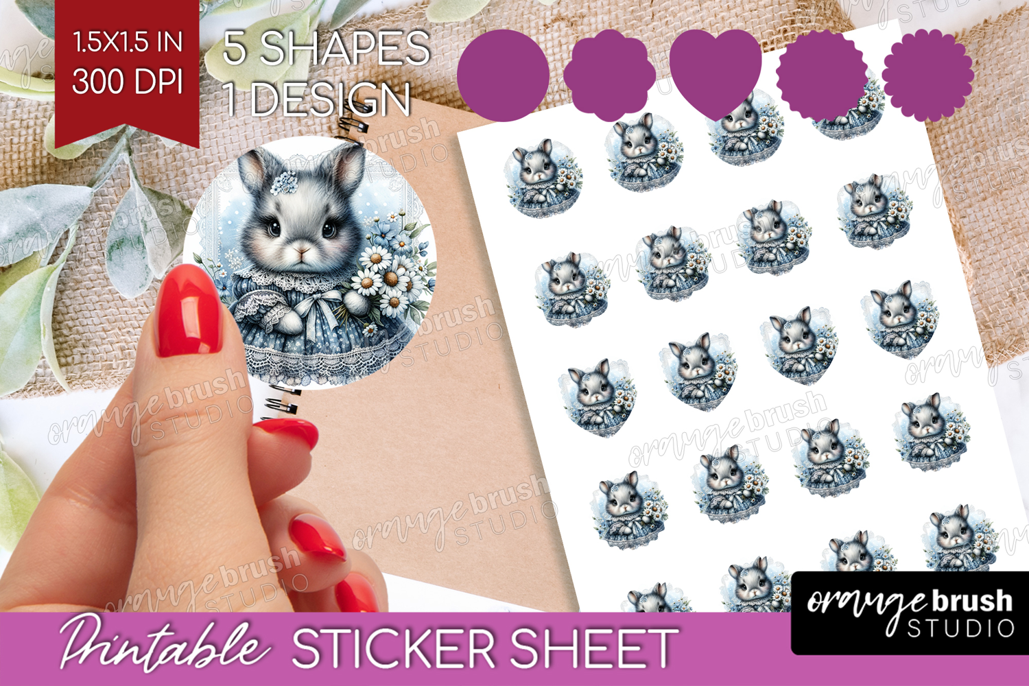 Vintage Bunny Round Sticker - Cute Bunny Printable Sticker product image 1