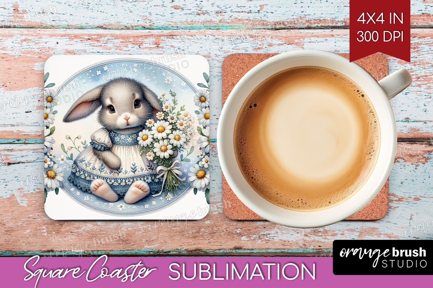 Vintage Bunny Square Coaster - Cute Bunny Coaster PNG product image 1