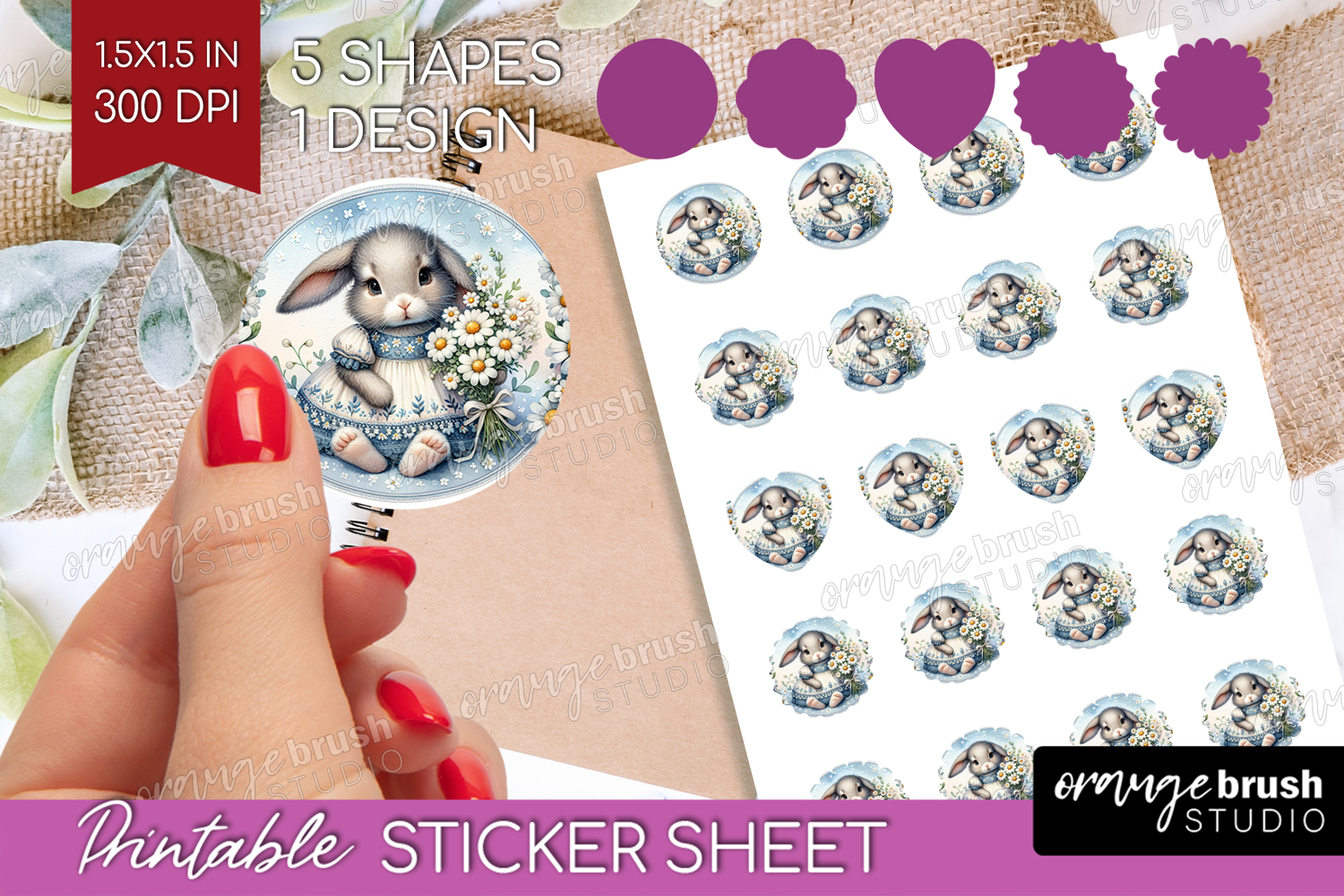 Vintage Bunny Round Sticker - Cute Bunny Printable Sticker product image 1