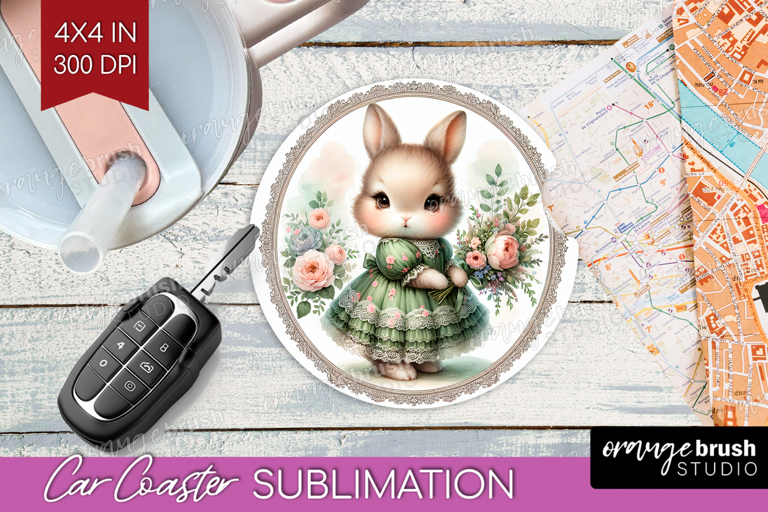 Vintage Bunny Car Coaster - Cute Bunny Coaster PNG product image 1