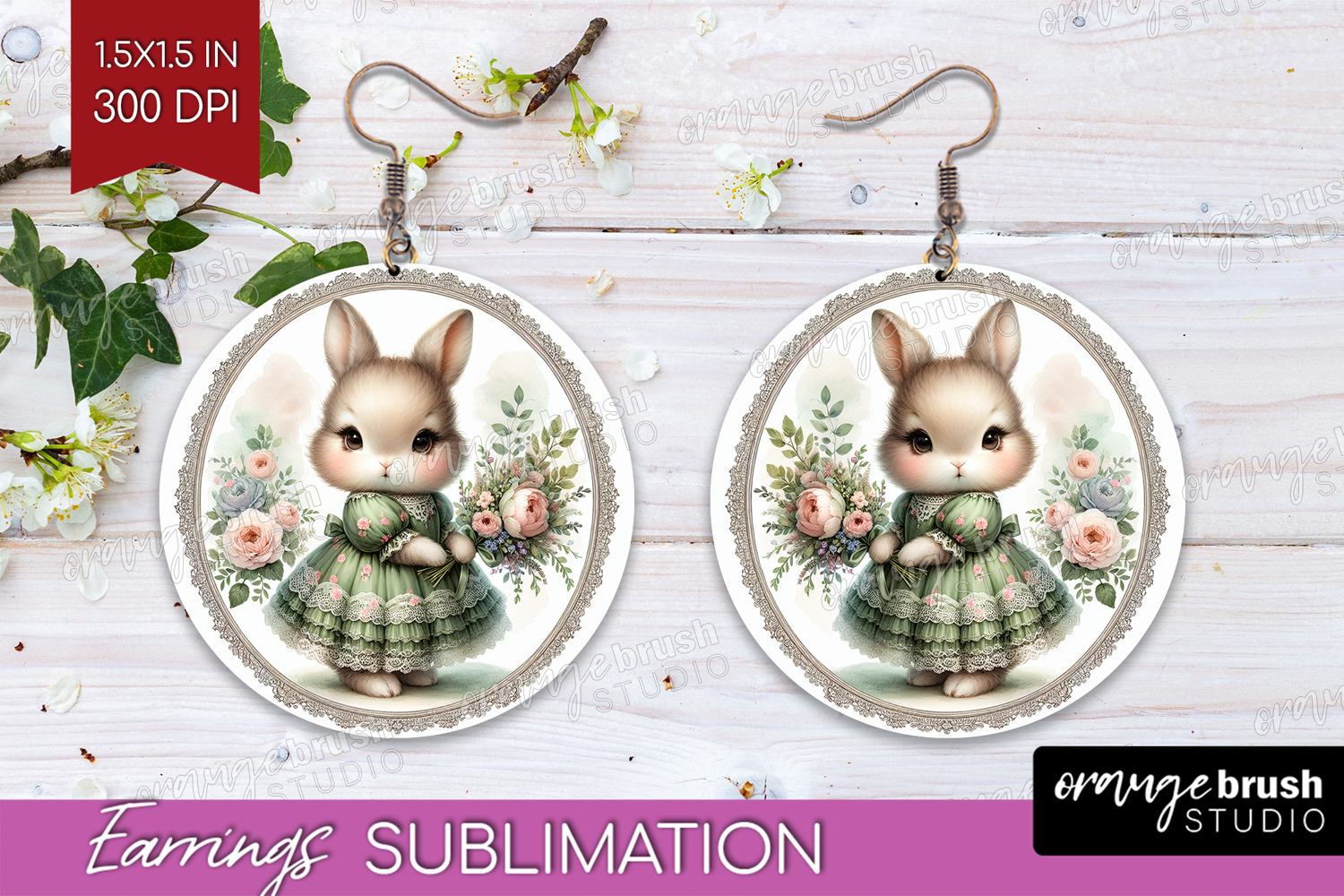 Vintage Bunny Round Earrings - Cute Bunny PNG Sublimation product image 1