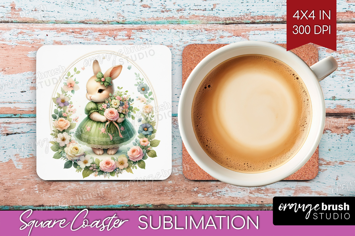 Vintage Bunny Square Coaster - Cute Bunny Coaster PNG product image 1