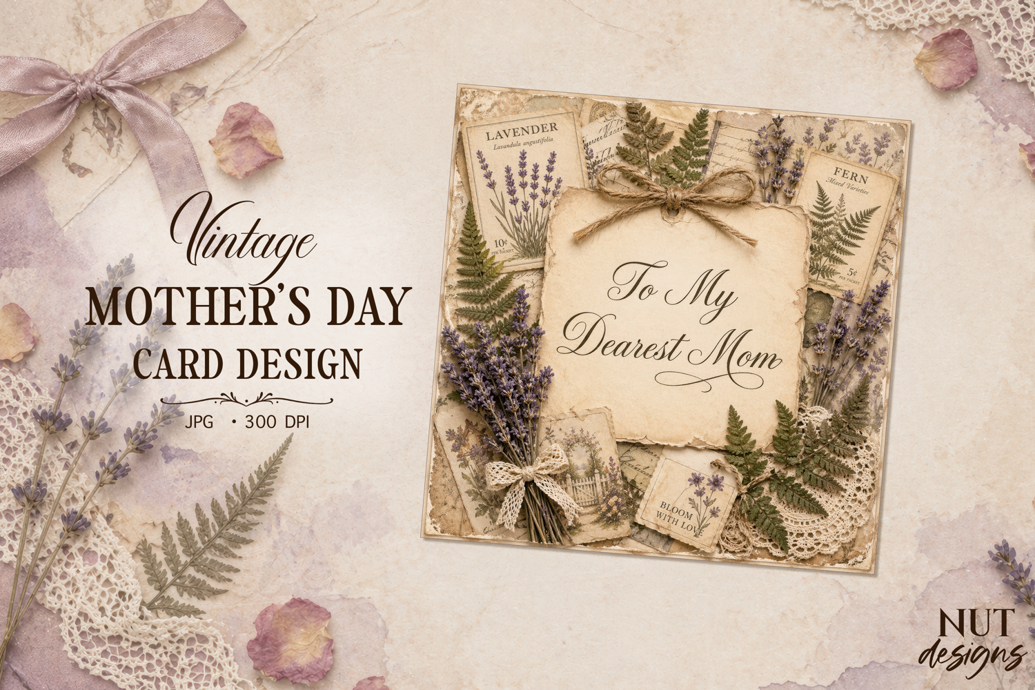 Vintage Mother’s Day Card Fern Lavender rustic card product image 1