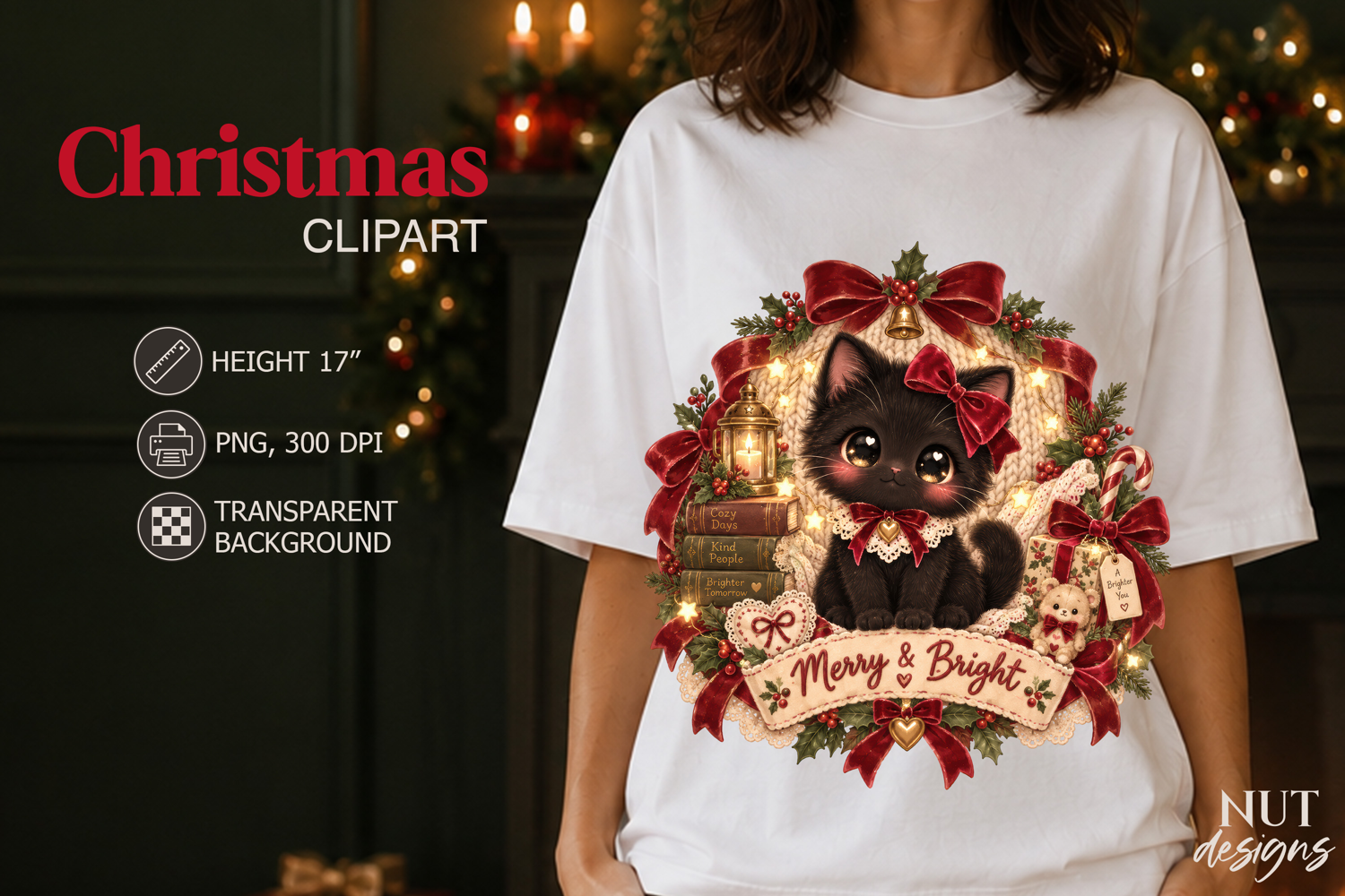 Cute Christmas Black Cat Clipart Vintage Christmas product image 1
