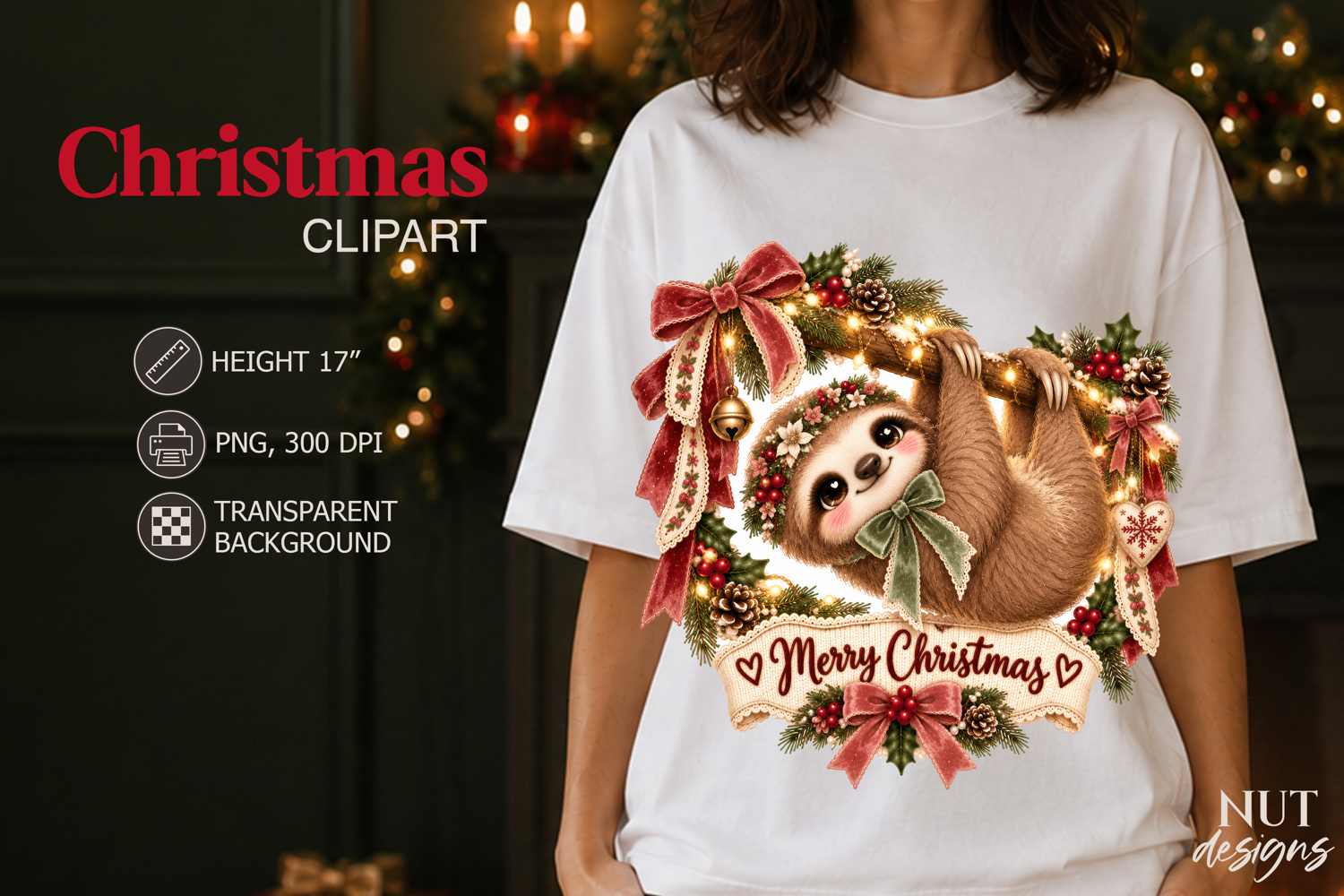 Merry Christmas Sloth Clipart PNG Vintage Christmas product image 1