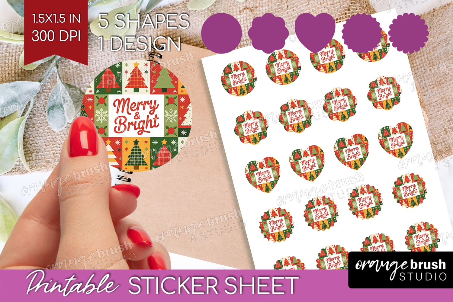Vintage Christmas Round Sticker - Retro Xmas Printable Sheet product image 1
