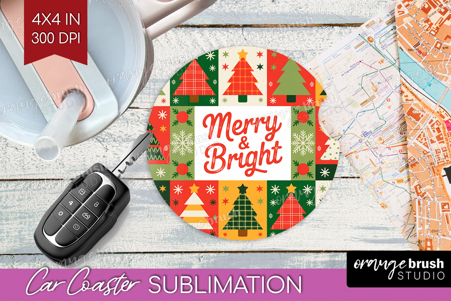 Vintage Christmas Car Coaster - Retro Xmas Coaster PNG product image 1