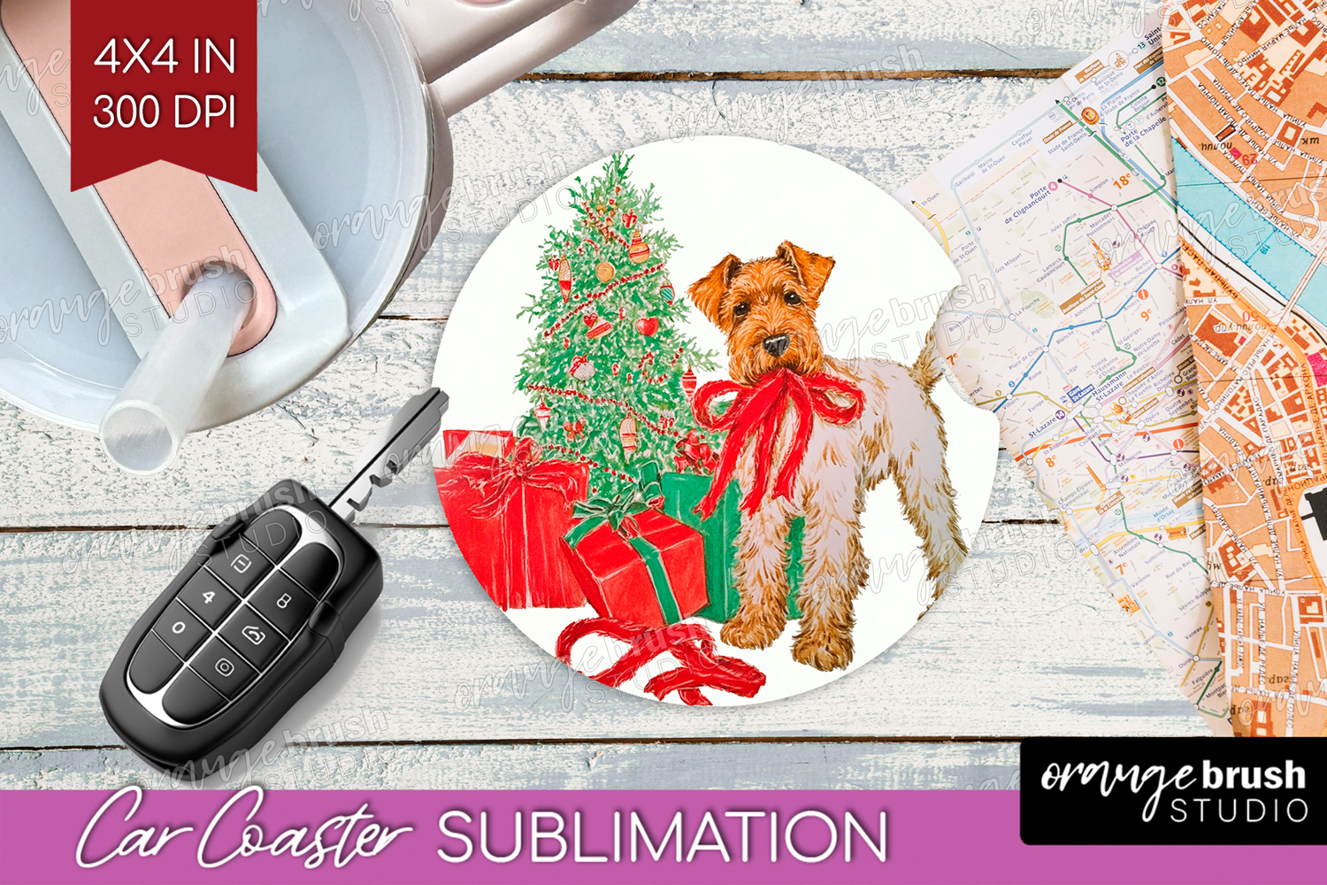 Vintage Christmas Car Coaster - Retro Xmas Coaster PNG product image 1