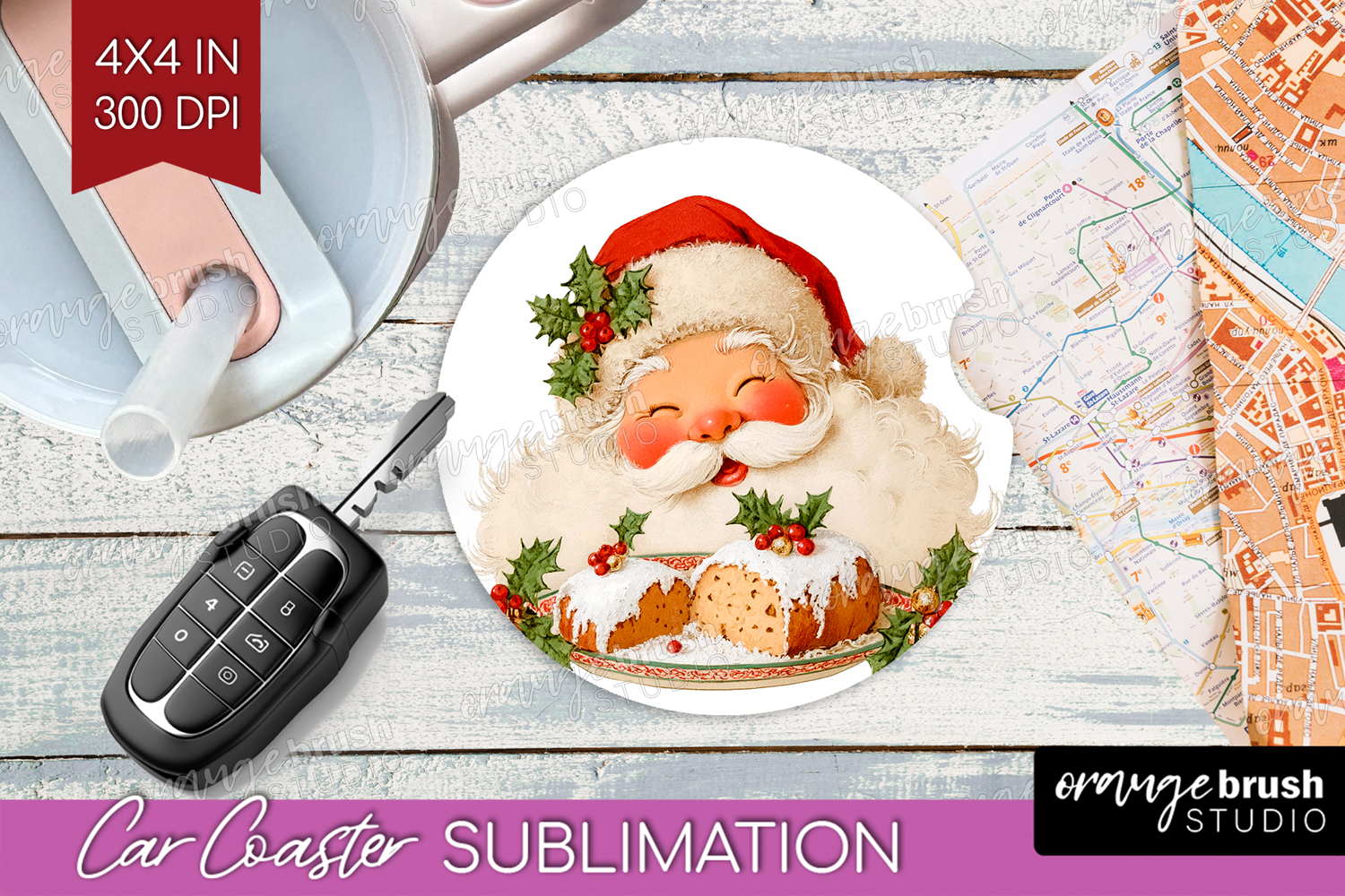 Vintage Christmas Car Coaster - Retro Xmas Coaster PNG product image 1