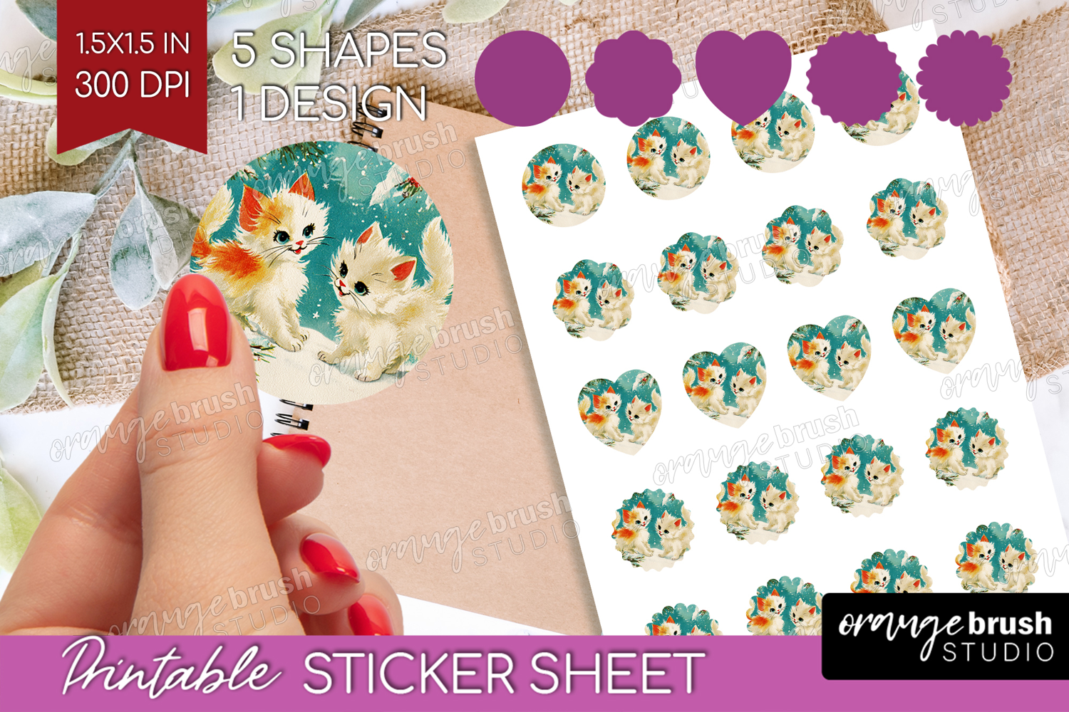 Vintage Christmas Round Sticker - Retro Xmas Printable Sheet product image 1
