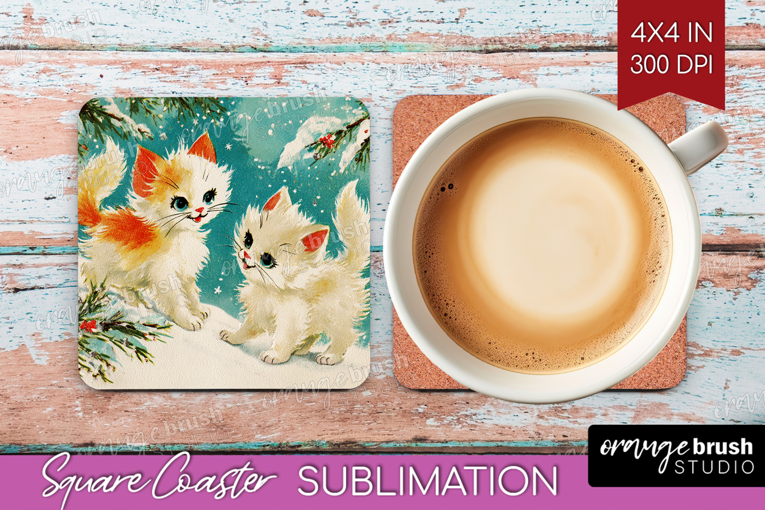 Vintage Christmas Square Coaster - Retro Xmas Coaster PNG product image 1