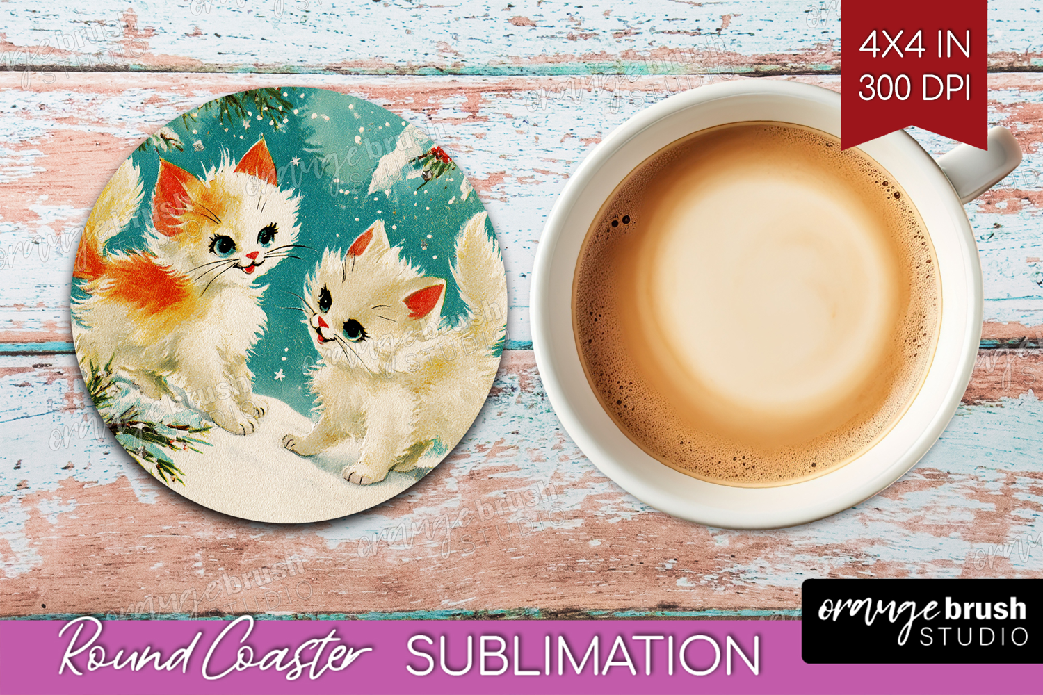 Vintage Christmas Round Coaster - Retro Xmas Coaster PNG product image 1