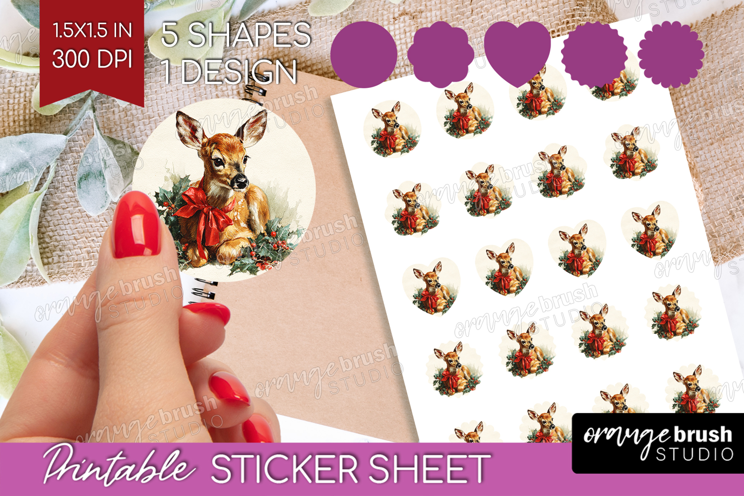 Vintage Christmas Round Sticker - Retro Xmas Printable Sheet product image 1