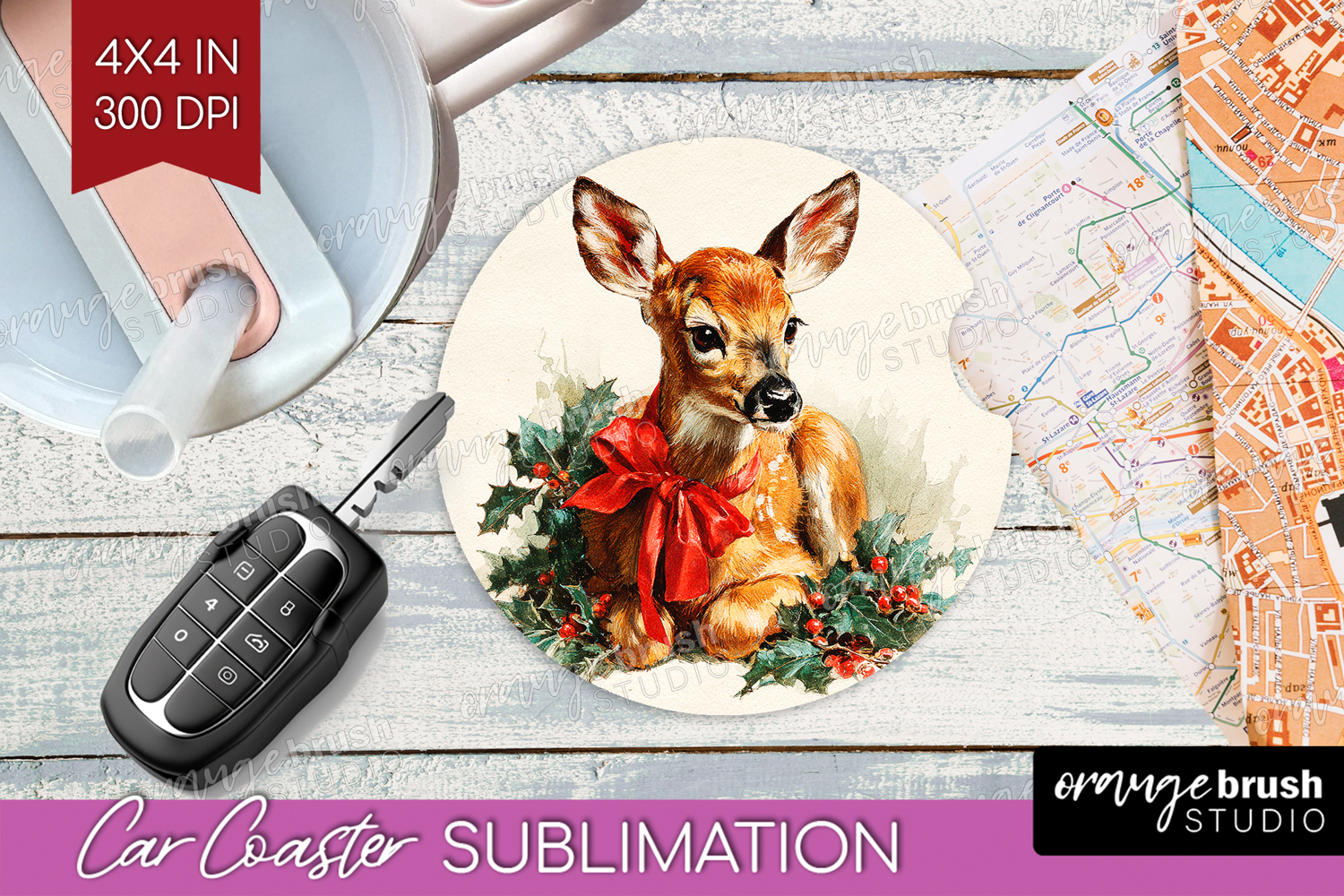 Vintage Christmas Car Coaster - Retro Xmas Coaster PNG product image 1