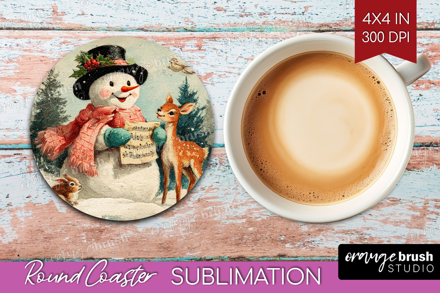 Vintage Christmas Round Coaster - Retro Xmas Coaster PNG product image 1