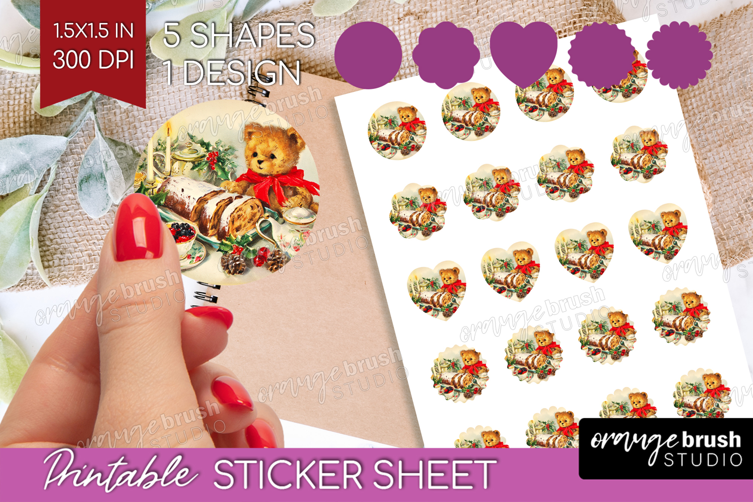 Vintage Christmas Round Sticker - Retro Xmas Printable Sheet product image 1