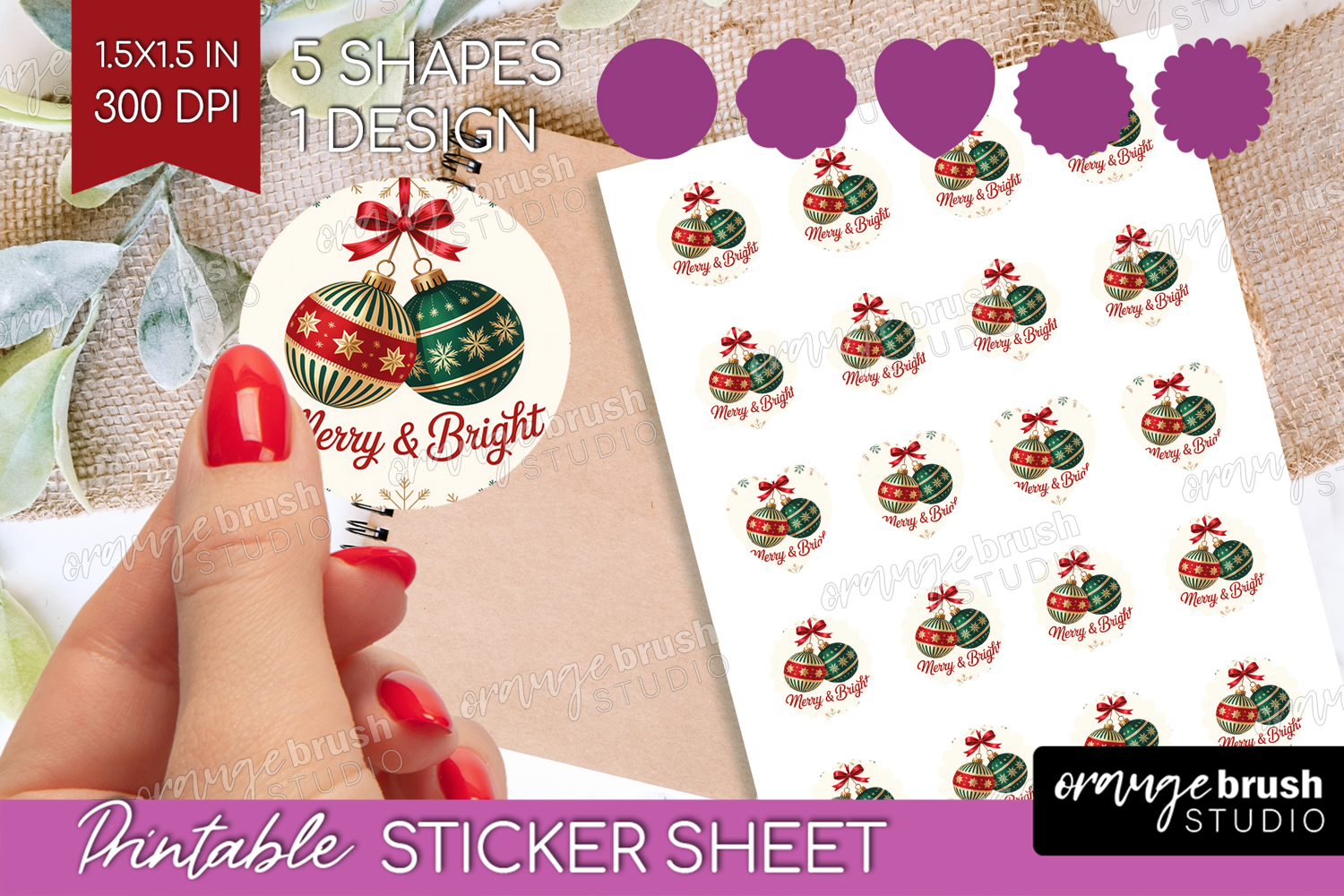 Vintage Christmas Round Sticker - Retro Xmas Printable Sheet product image 1