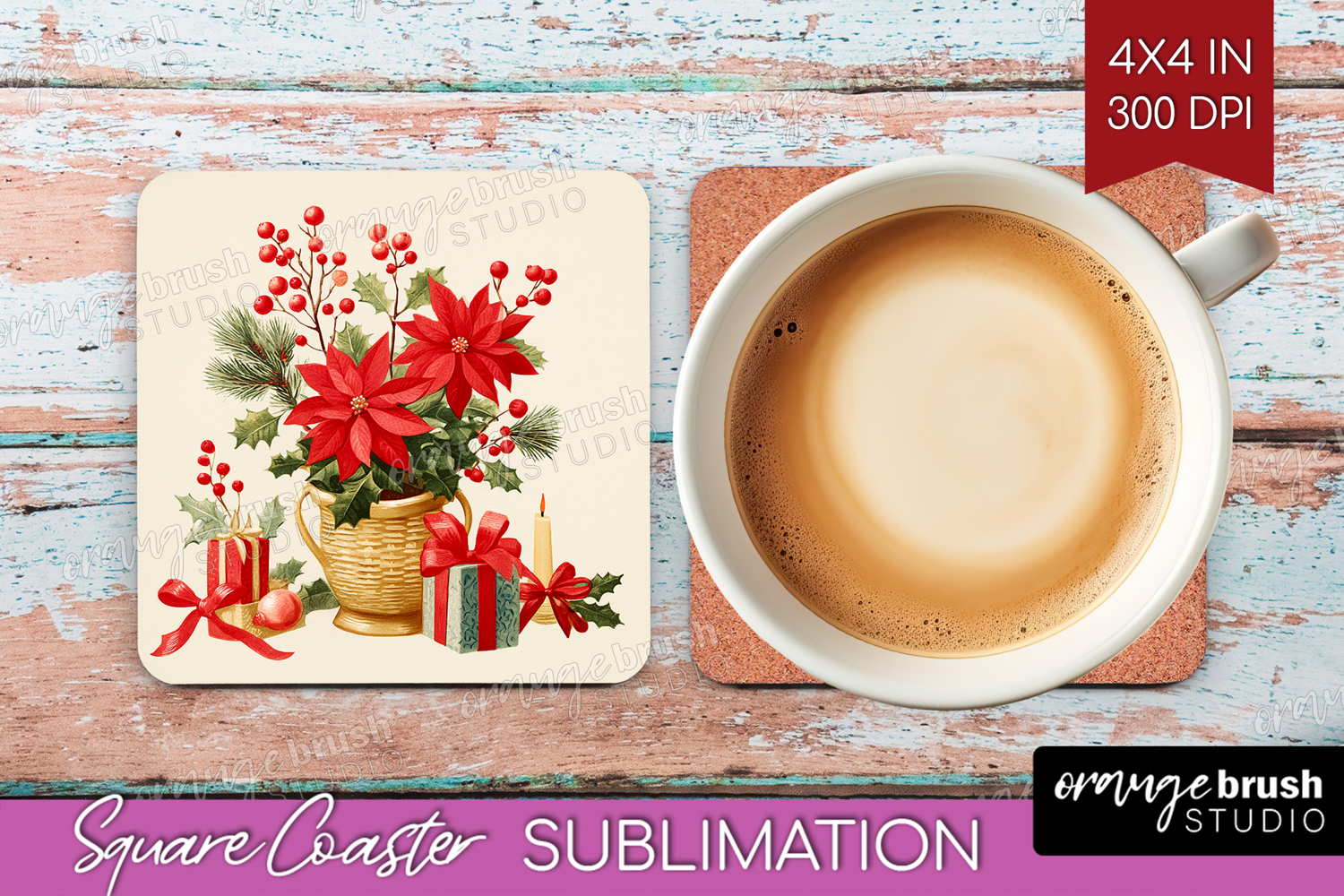 Vintage Christmas Square Coaster - Retro Xmas Coaster PNG product image 1