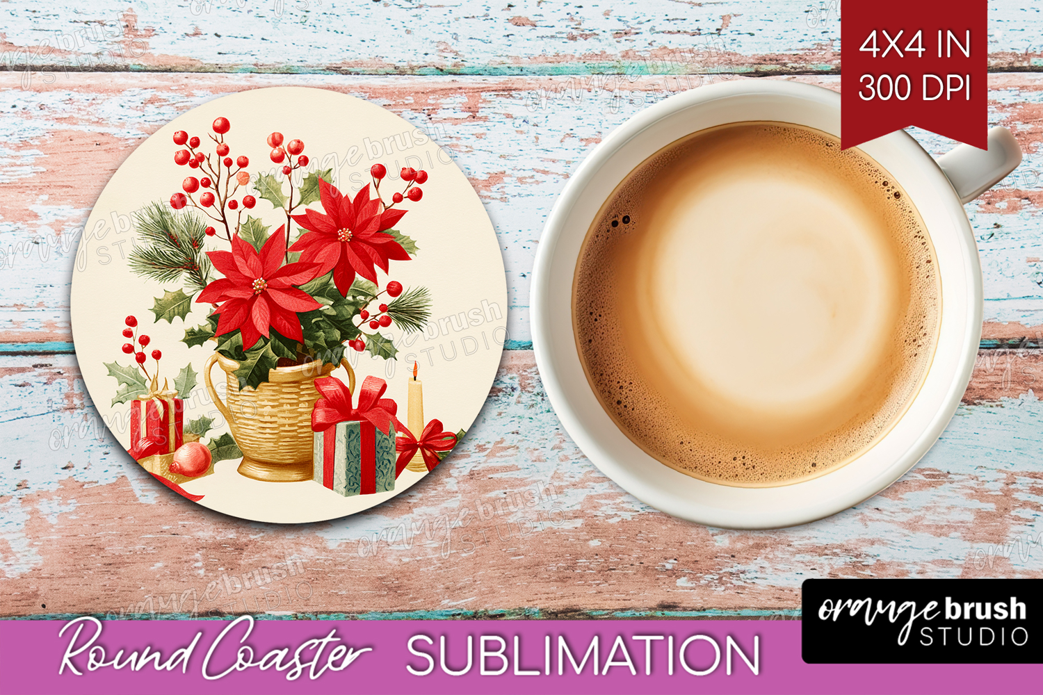 Vintage Christmas Round Coaster - Retro Xmas Coaster PNG product image 1