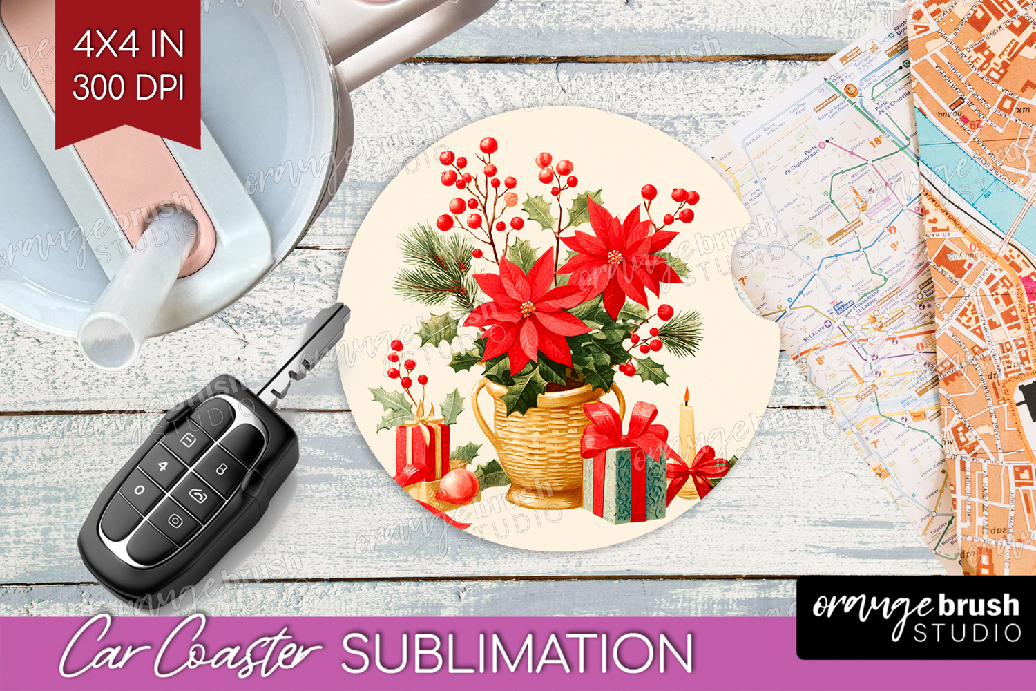 Vintage Christmas Car Coaster - Retro Xmas Coaster PNG product image 1