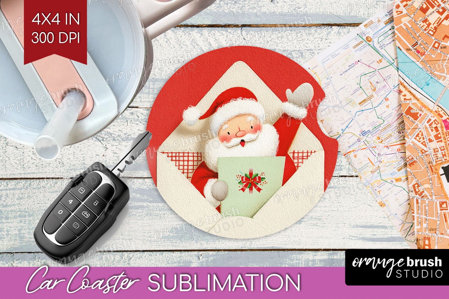 Vintage Christmas Car Coaster - Retro Xmas Coaster PNG product image 1