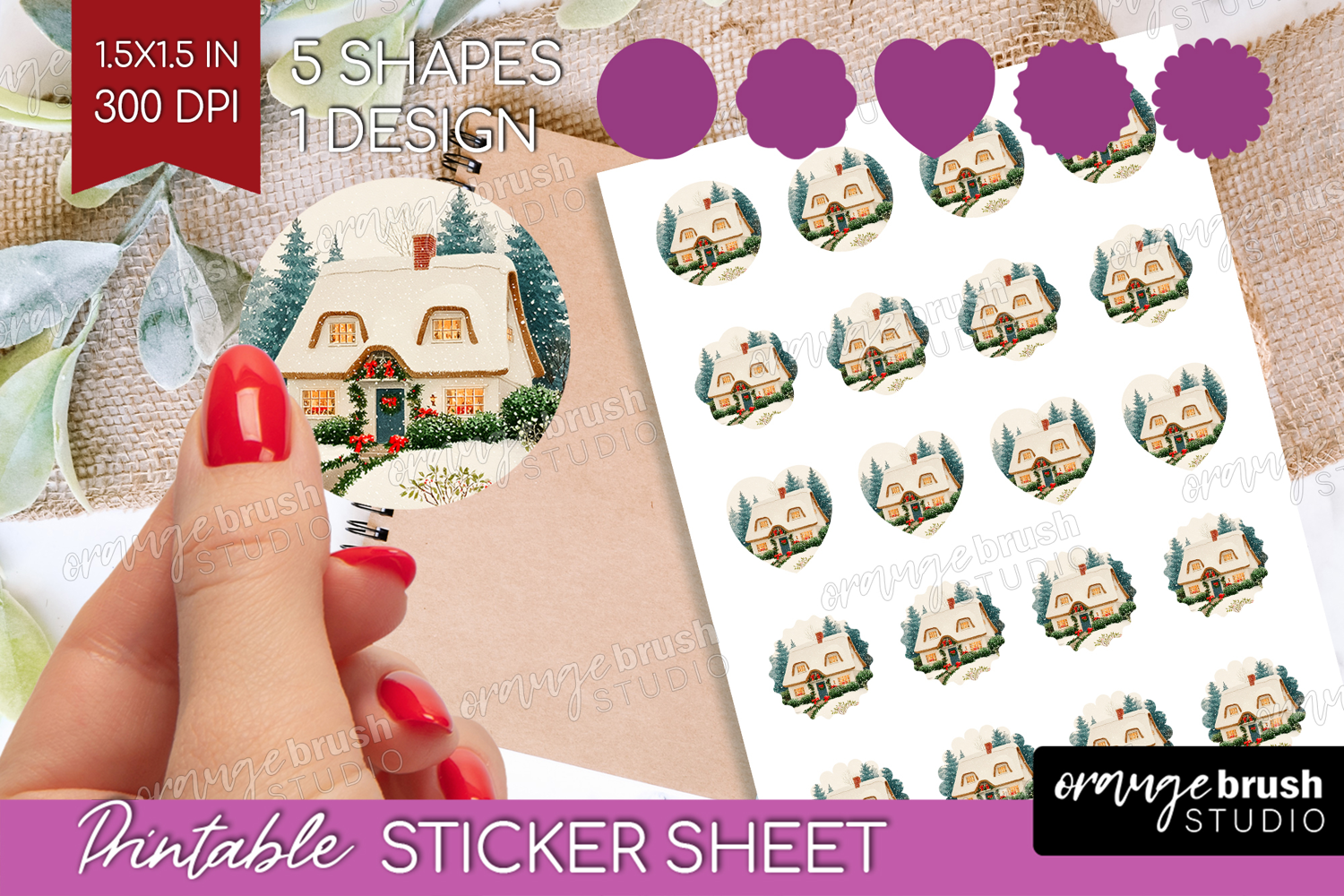 Vintage Christmas Round Sticker - Retro Xmas Printable Sheet product image 1