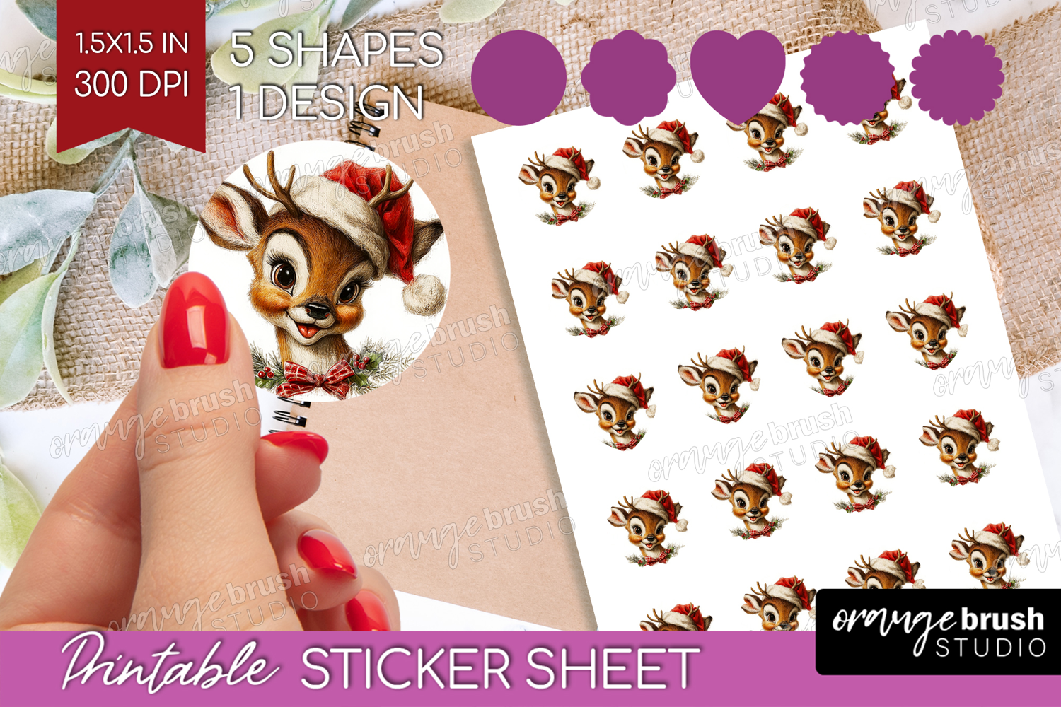 Vintage Christmas Round Sticker - Retro Xmas Printable Sheet product image 1