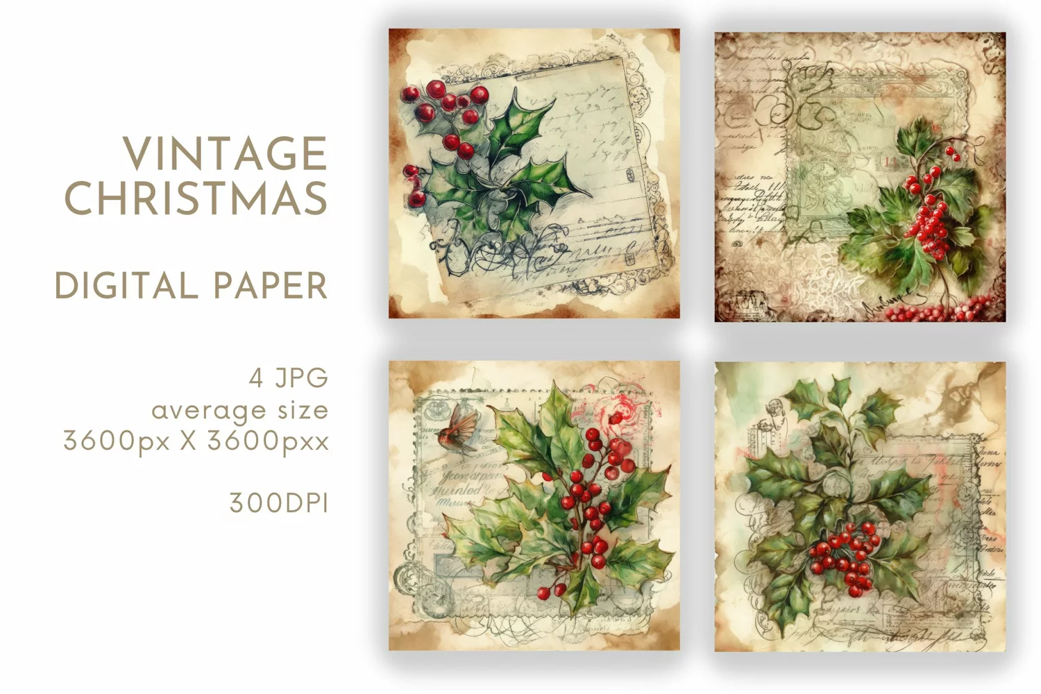 Vintage Holly Christmas Paper | Watercolor JPG product image 1