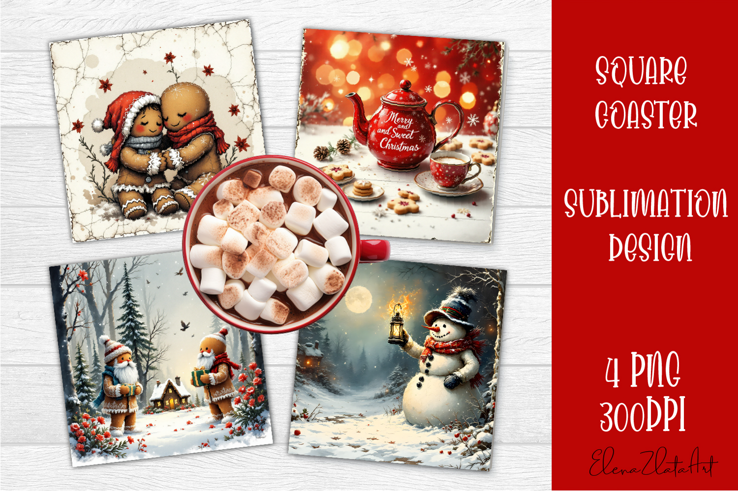 Vintage Christmas Sublimation, retro square Coaster Design product image 1