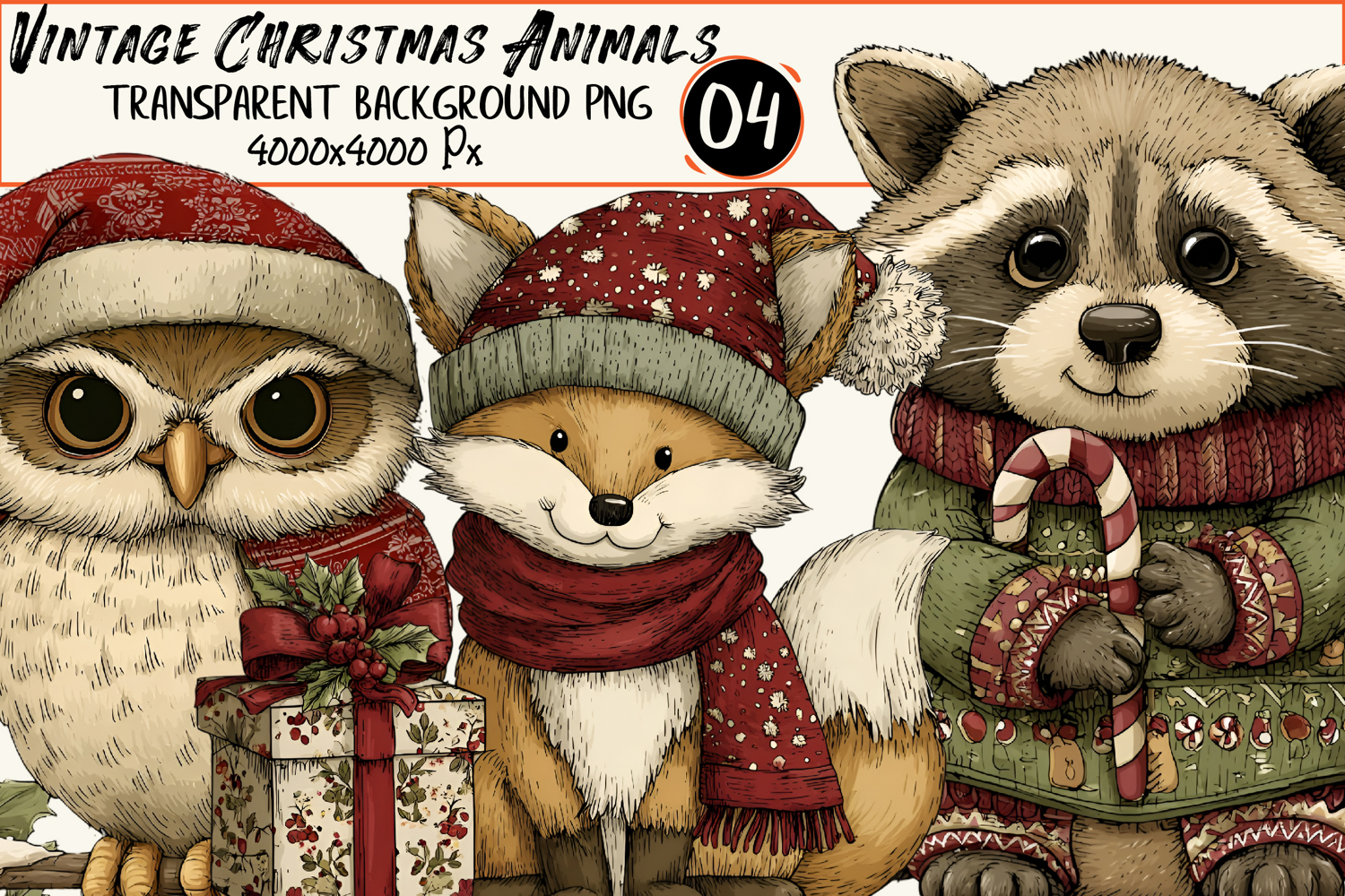 Vintage Christmas Animals Clipart Sublimation product image 1
