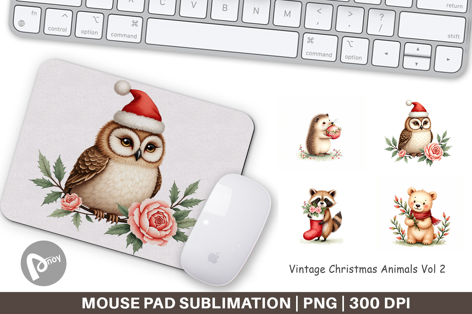 Mouse Pad Vintage Christmas Animals Watercolor product image 1