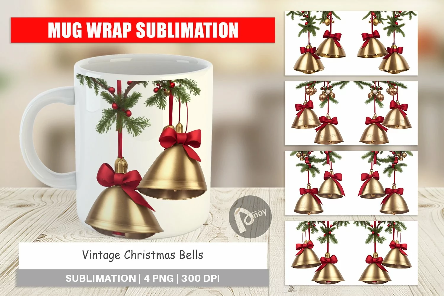 Mug sublimation design Vintage Christmas Bells product image 1