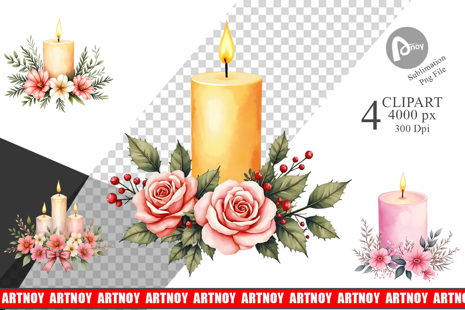 Clipart Vintage Christmas Candles Watercolor product image 1