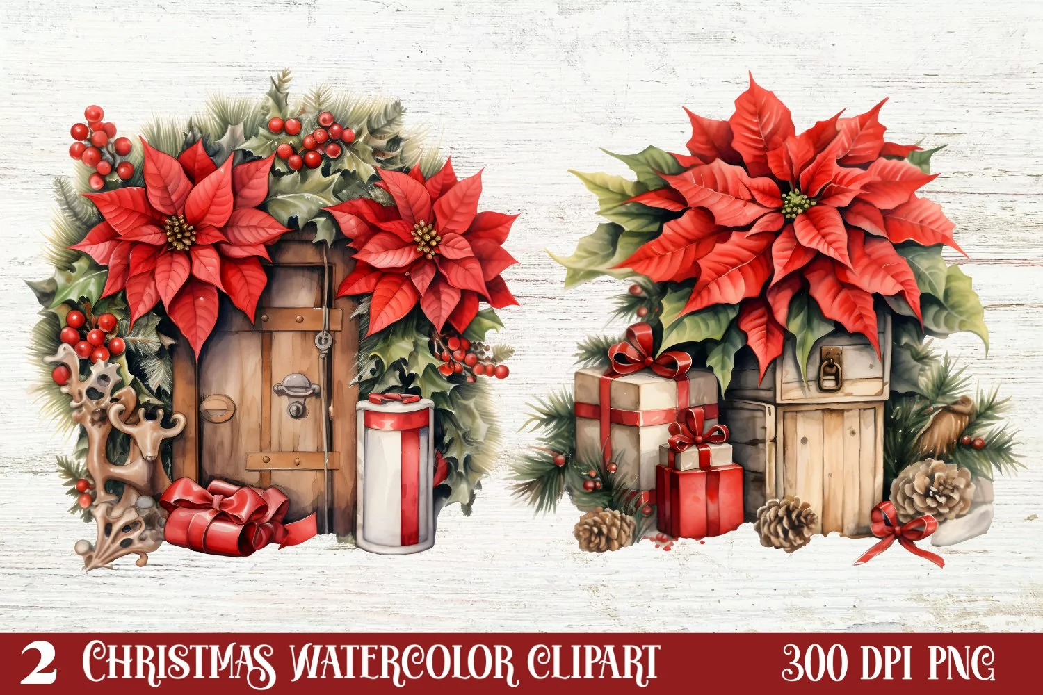 Watercolor Vintage Christmas Clipar, Vintage Christmas Clipa product image 1